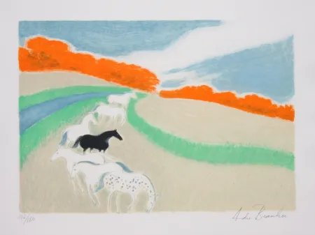 石版画 Brasilier - Chevaux Dans Le Pre