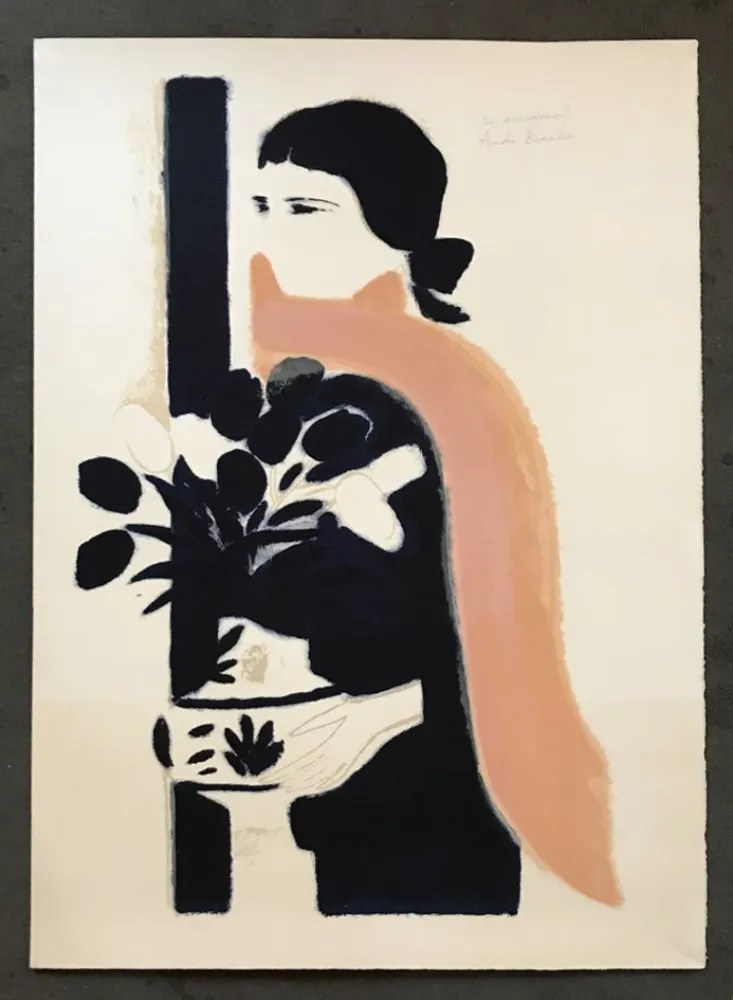 石版画 Brasilier - Femme au châle rose et aux tulipes 