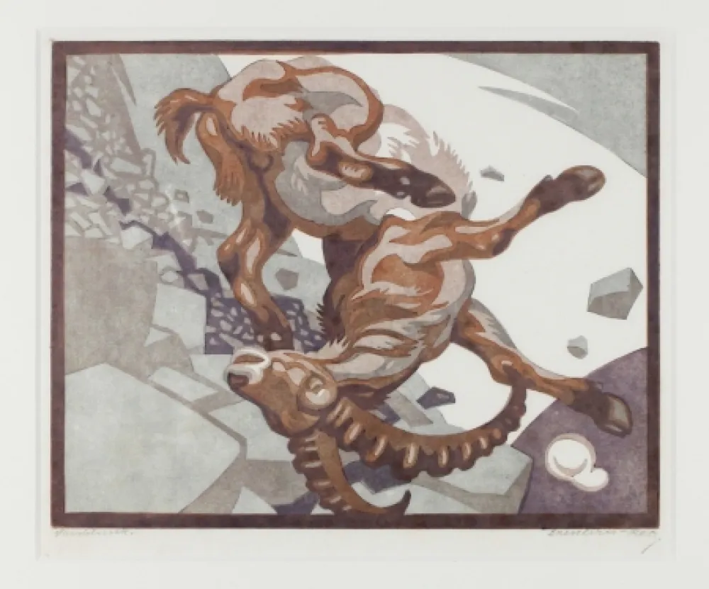 油毡版画 Bresslern-Roth - Stürzender Steinbock (Falling Ibex)