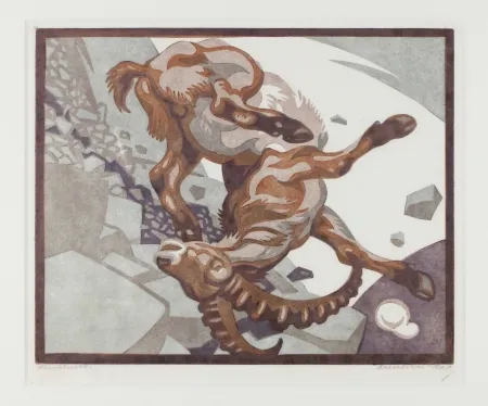 油毡版画 Bresslern-Roth - Stürzender Steinbock (Falling Ibex)