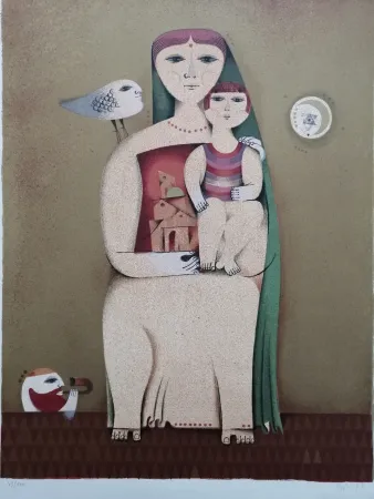 石版画 Briss - Femme et enfant