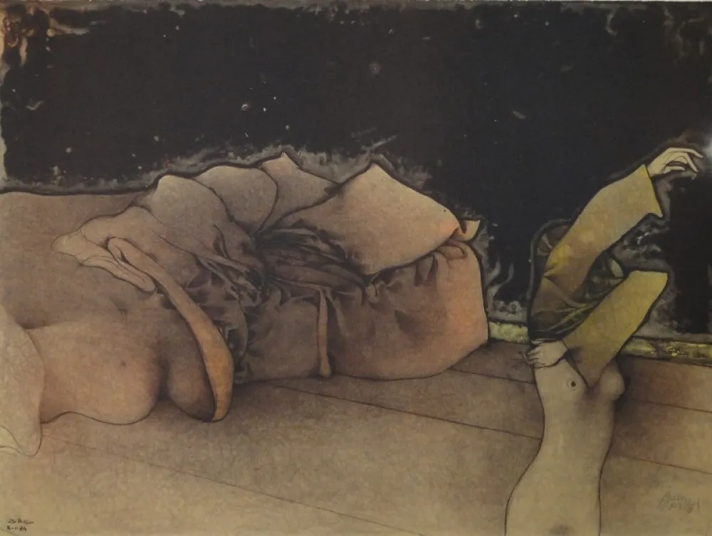 石版画 Bruni - Zurigo. (Sich Entkleidende vor Sofa)