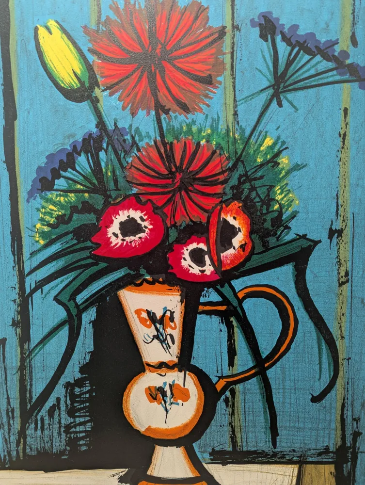 石版画 Buffet - Bouquet au fond bleu 