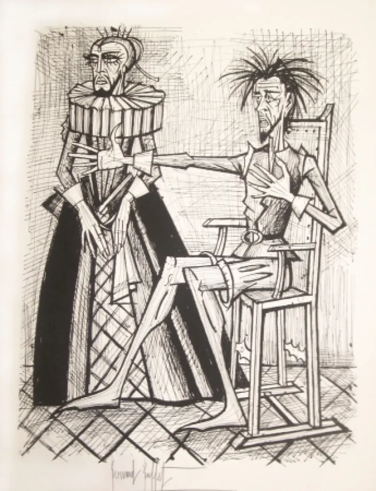 石版画 Buffet - Don Quichotte et la duègne barbue
