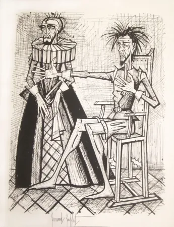 石版画 Buffet - Don Quichotte et la duègne barbue