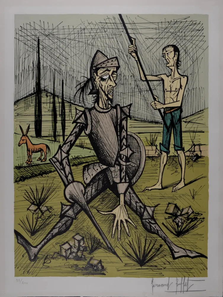 石版画 Buffet - Don Quichotte et la rencontre avec les muletiers