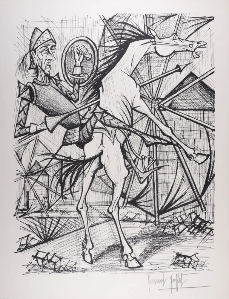 石版画 Buffet - Don Quichotte et le Moulin à vent, 1989 - Hand-signed