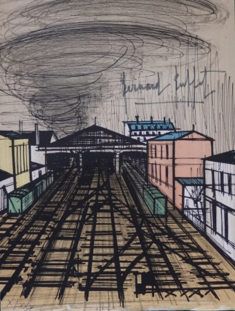 石版画 Buffet - La gare Saint Lazare