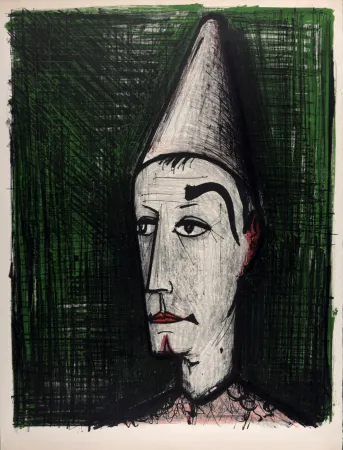 石版画 Buffet - Le Clown sur fond vert