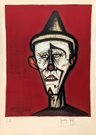 石版画 Buffet - Mon Cirque, le clown au fond rouge 