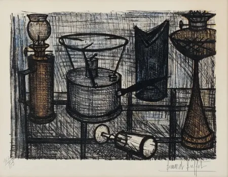 石版画 Buffet - Naturaleza muerta ( lampara de petróleo)