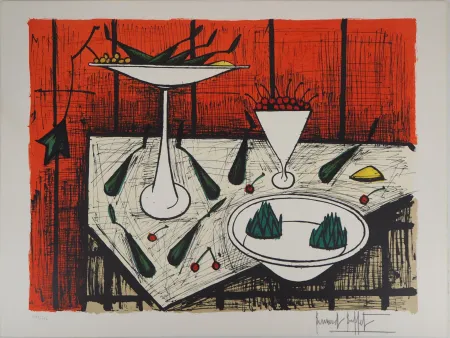 石版画 Buffet - Nature morte au fond rouge