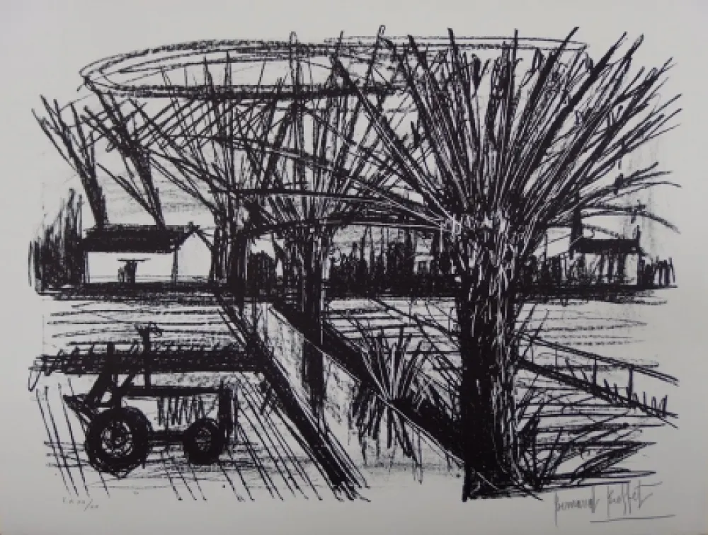 石版画 Buffet - Paysage breton au tracteur