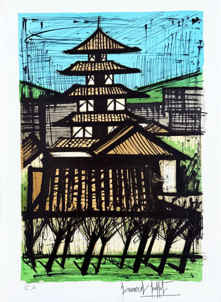 石版画 Buffet - Temple à Kyoto