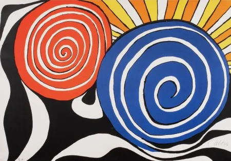 石版画 Calder - Red and Blue Swirl with Sun
