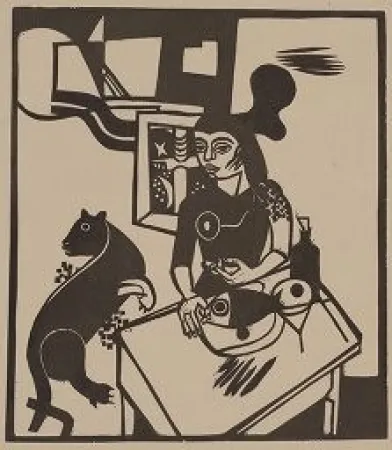 木刻 Campendonk - Am Tisch sitzende Frau mit Katze und Fisch / Woman Sitting at Table with Cat and FIsh