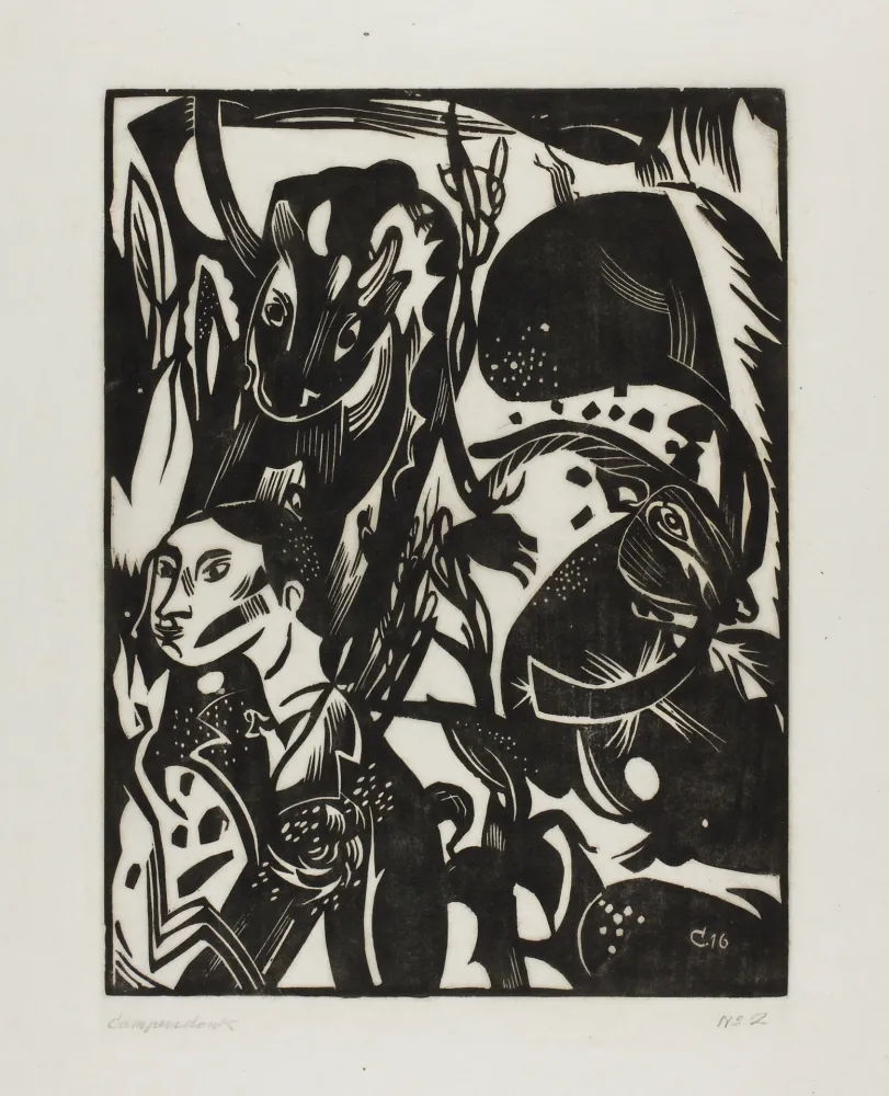 木刻 Campendonk - Männliche Halbfigur mit Kuh und Ziege 