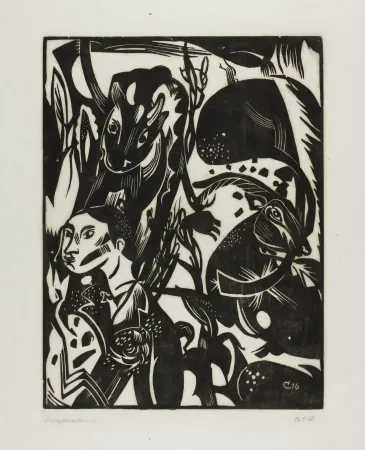 木刻 Campendonk - Männliche Halbfigur mit Kuh und Ziege 