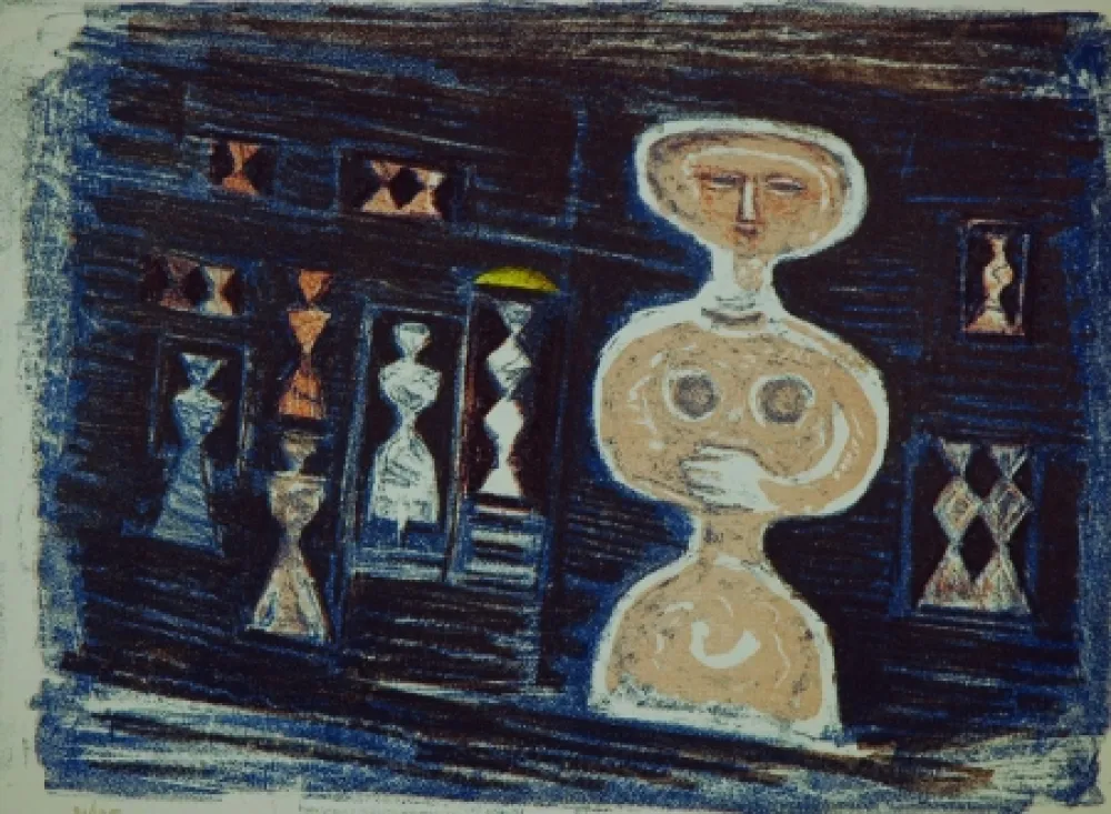 石版画 Campigli - Donna su fondo blu