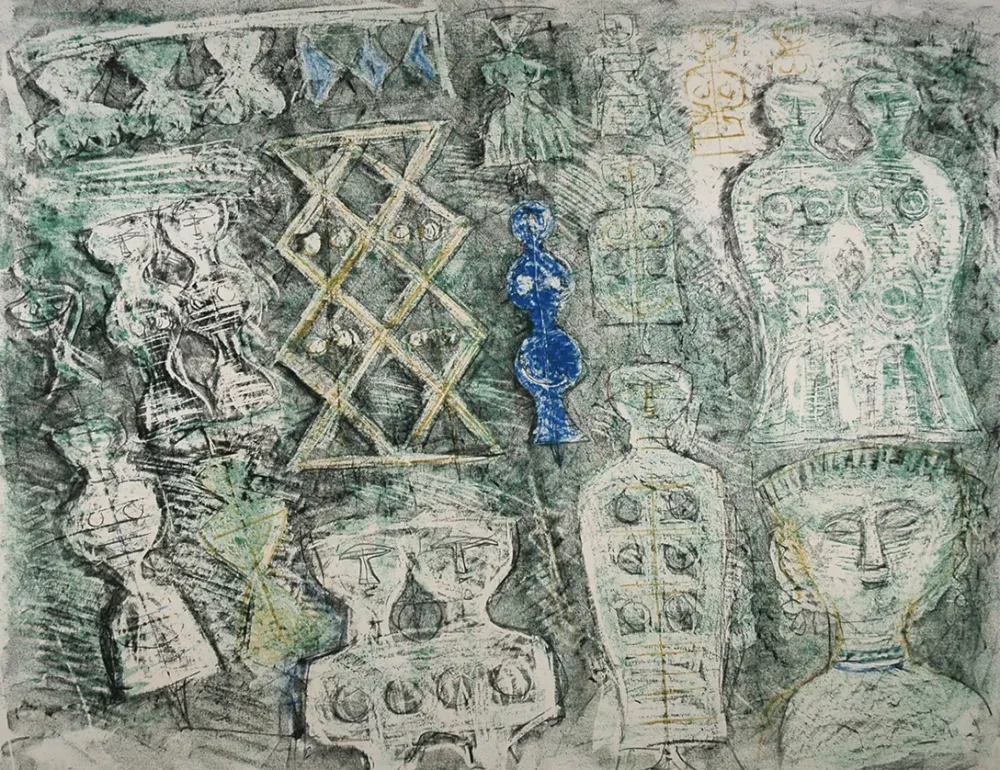 石版画 Campigli - Donna su fondo verde