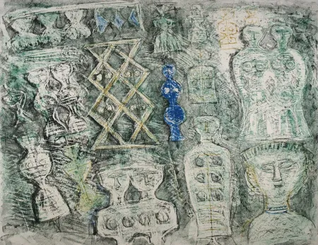 石版画 Campigli - Donna su fondo verde