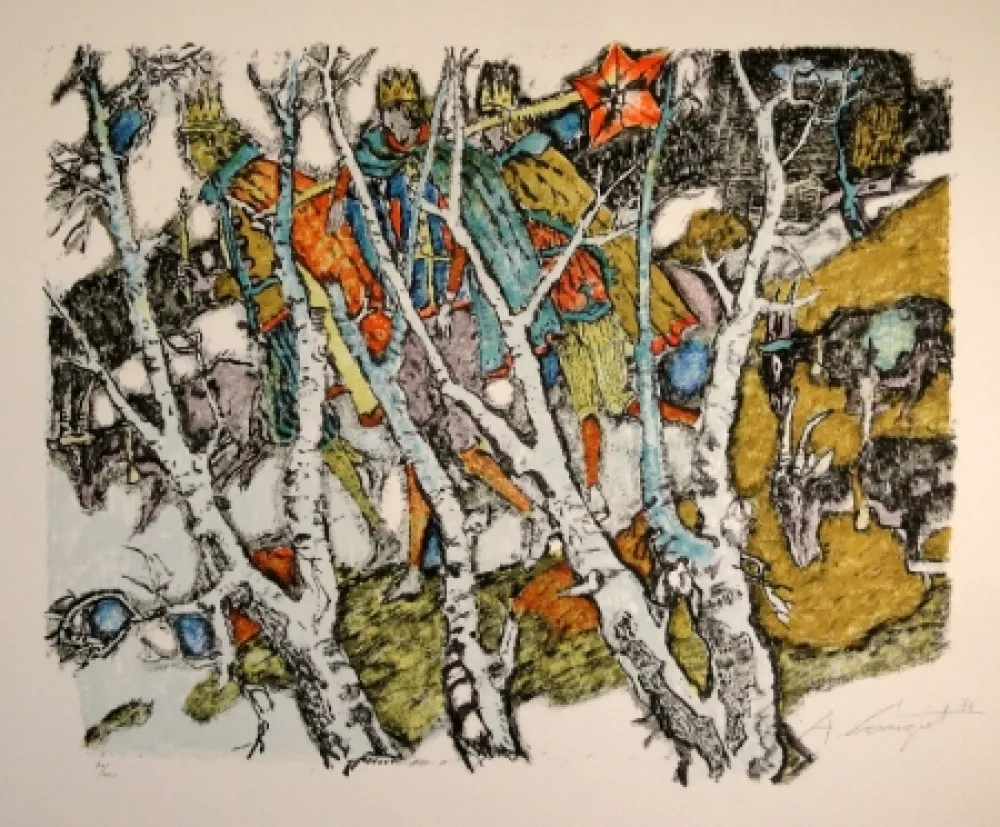 石版画 Carigiet - Sternsinger  (Die Drei Könige hinter Birken)