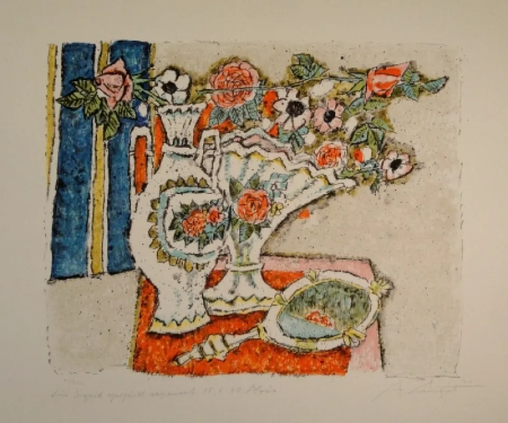石版画 Carigiet - (Zwei Vasen mit Rosen