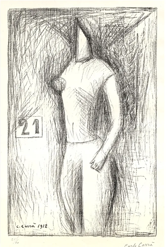 石版画 Carra - Donna che attraversa la strada (Ventuno),