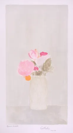石版画 Cathelin - Bouquet de roses au fond gris - Bouquet of roses on a grey background