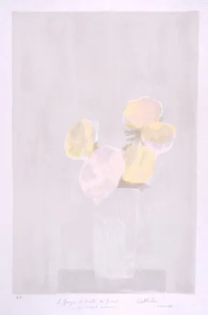 石版画 Cathelin - Bouquet rose au fond gris - Pink bouquet on a grey background