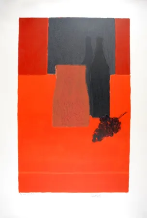 石版画 Cathelin - Nature morte à la nappe rouge et à la grappe de raisin - Still Life with bunch of grapes on a red tablecloth