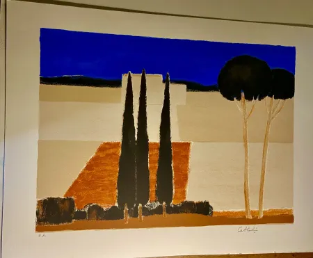 石版画 Cathelin - Paysage aux cyprès