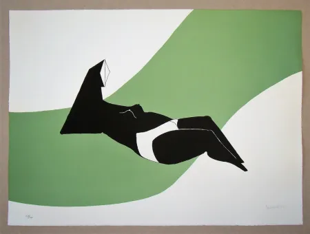石版画 Chadwick - Reclining Figure on Green Wave