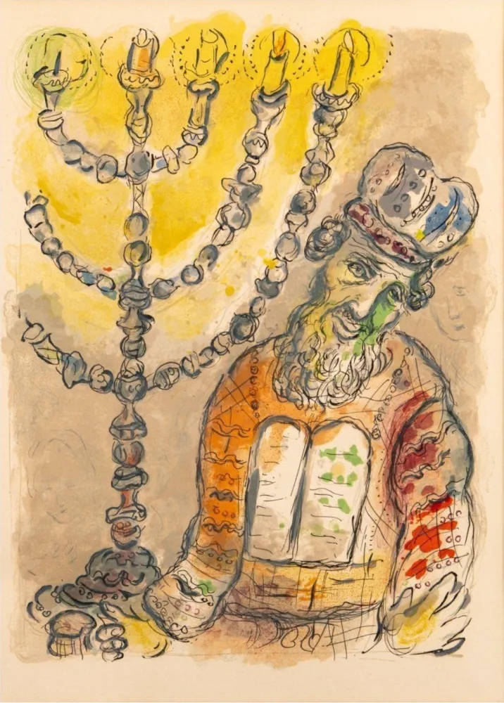 石版画 Chagall - Aaron and the Seven-Branched Candlestick from Exodus, 1966