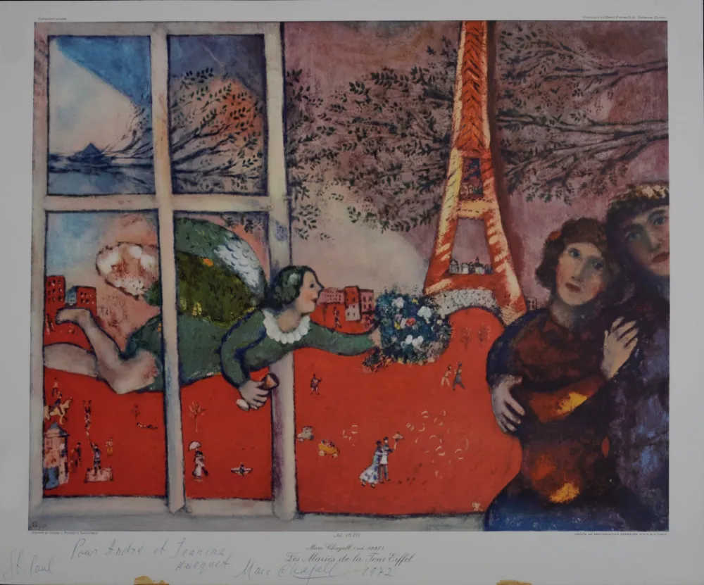 胶版印刷 Chagall (After) - Les mariés de la Tour Eiffel, vers 1972 (d'après) - Hand-signed