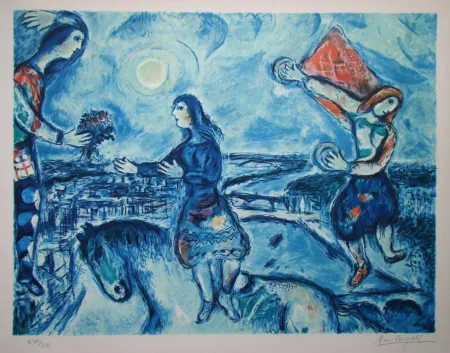 石版画 Chagall (After) - Lovers over Paris