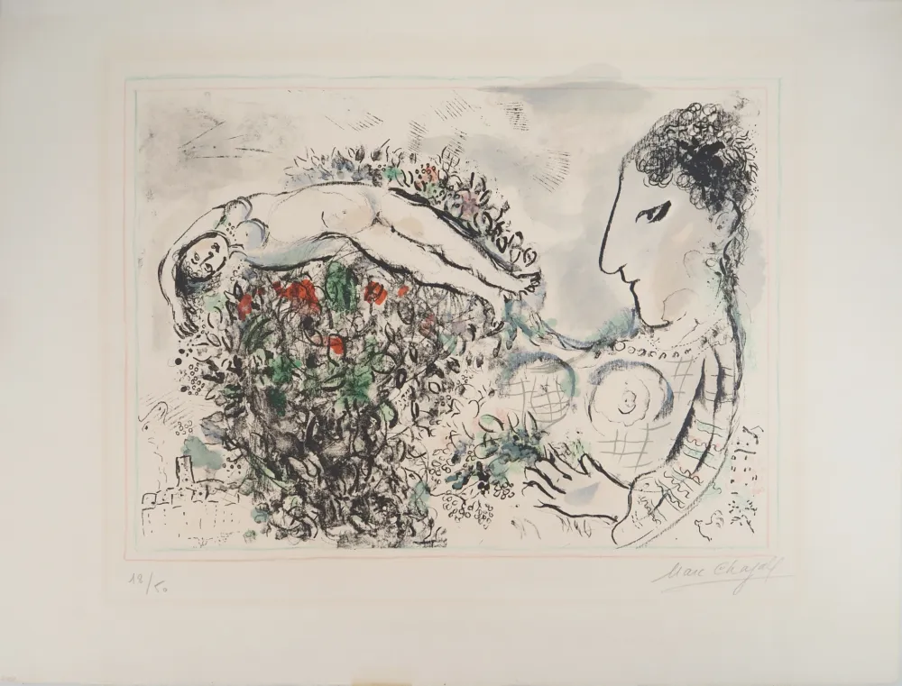 石版画 Chagall - Autoportrait au bouquet et nu