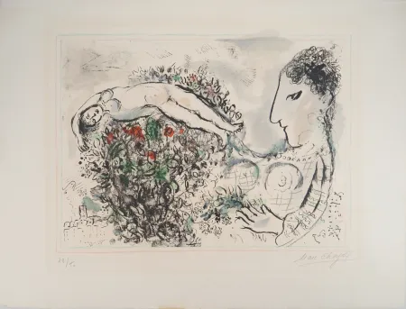 石版画 Chagall - Autoportrait au bouquet et nu