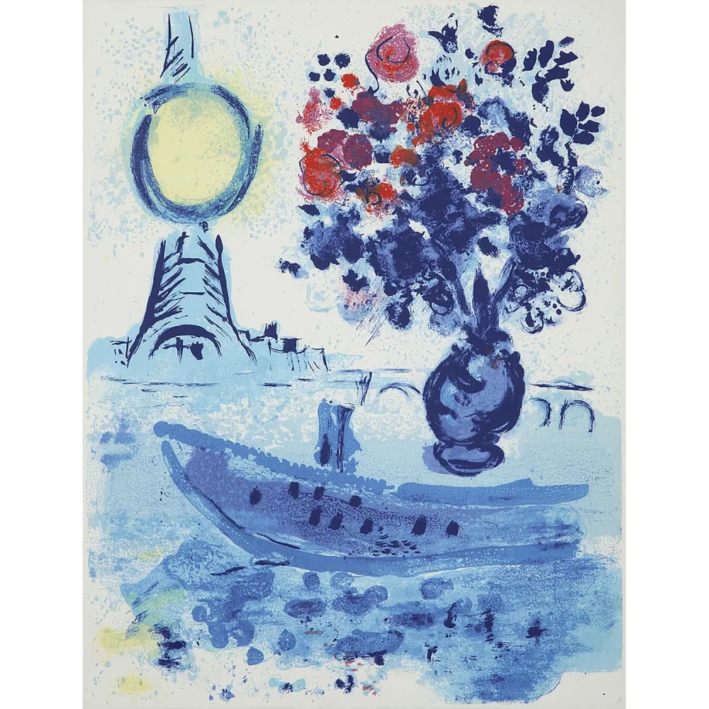 石版画 Chagall - Bateau Mouche Au Bouquet