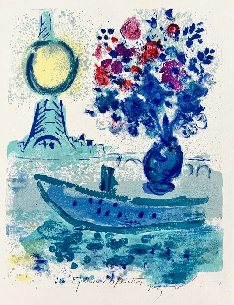 石版画 Chagall - Bateau-Mouche au Bouquet - La Seine