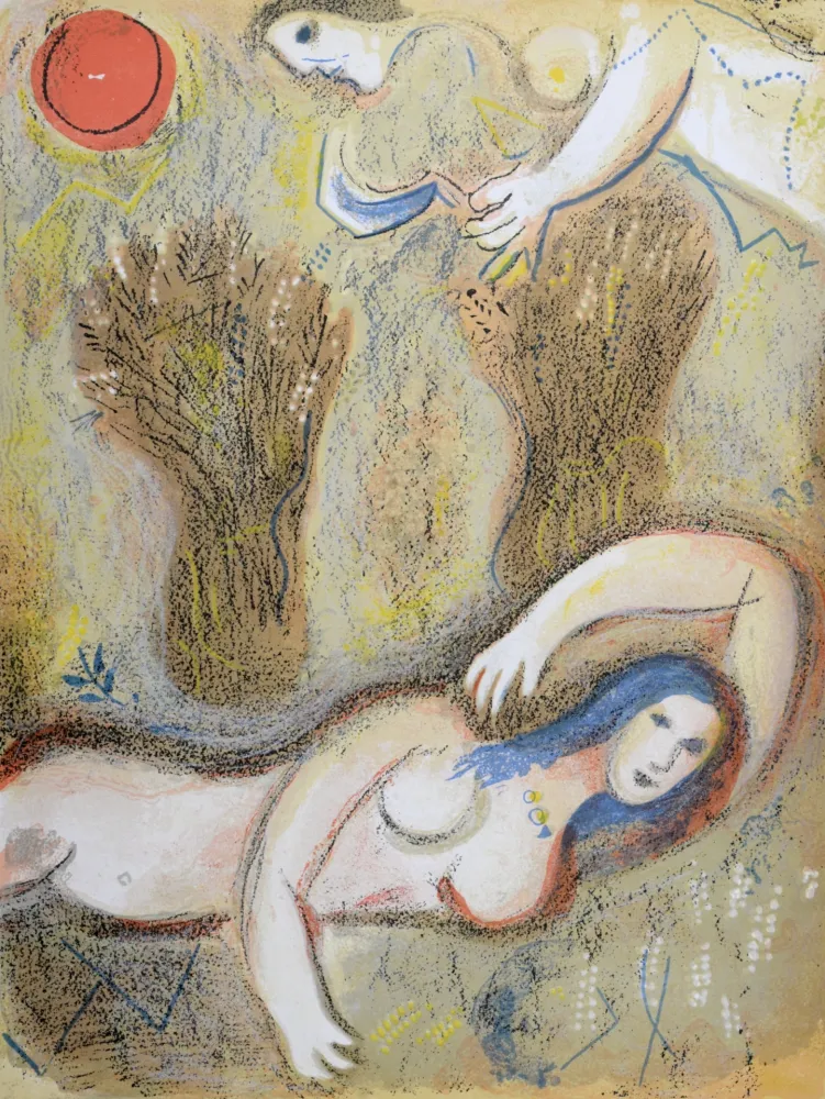 石版画 Chagall - Booz se réveille et voit Ruth à ses pieds, 1960