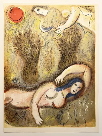 石版画 Chagall - BOOZ SE RÉVEILLE ET VOIT RUTH À SES PIEDS (Dessins pour la Bible 1960)