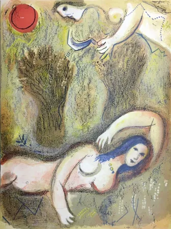 石版画 Chagall - BOOZ SE RÉVEILLE ET VOIT RUTH À SES PIEDS (Dessins pour la Bible 1960)