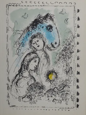 石版画 Chagall - Cheval bleu au couple, 1982