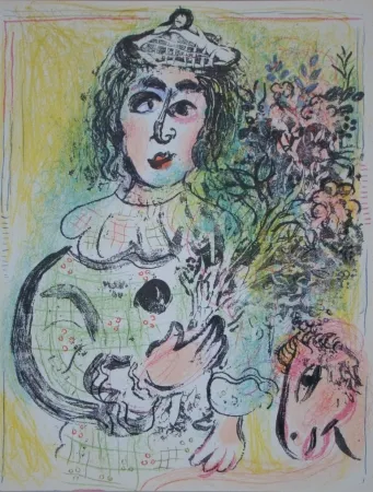 石版画 Chagall - Clown avec des fleurs