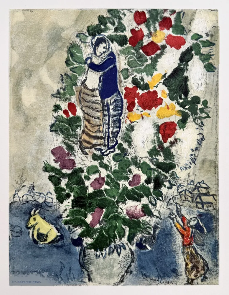 石版画 Chagall - Couple avec Fleurs
