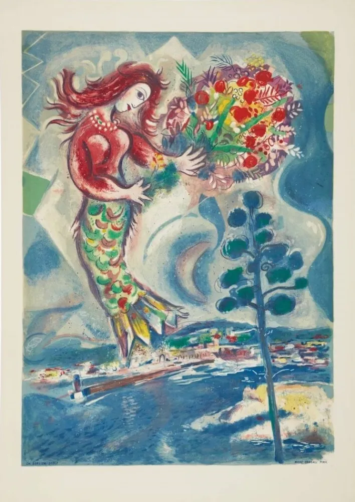石版画 Chagall - Couple et poisson (Couple and Fish)