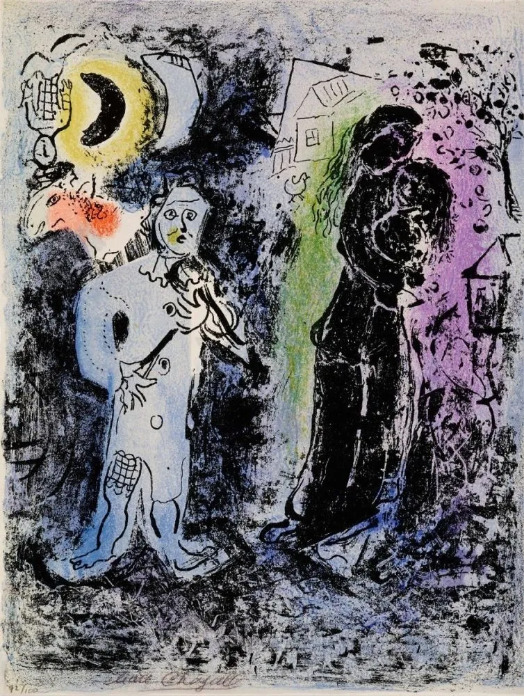 石版画 Chagall - Couple noir au musicien