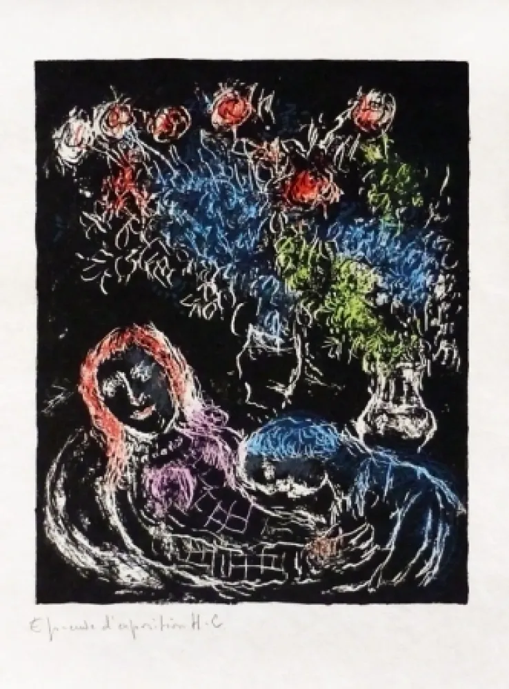 石版画 Chagall - Couple sur fond noir