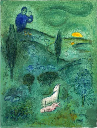 石版画 Chagall - DÉCOUVERTE DE DAPHNIS PAR LAMON (de Daphnis et Choé. 1961)